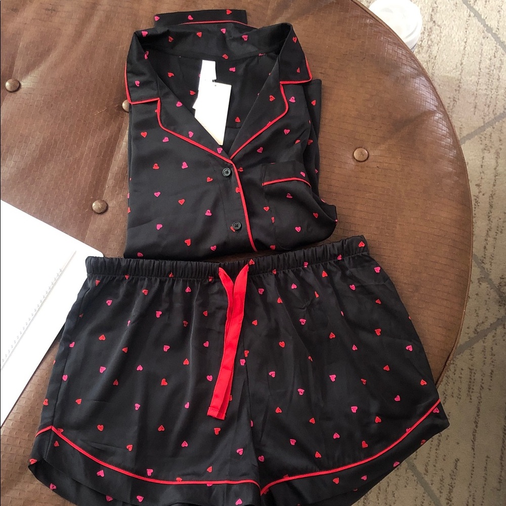 Black silk Pajama Set with Red Hearts